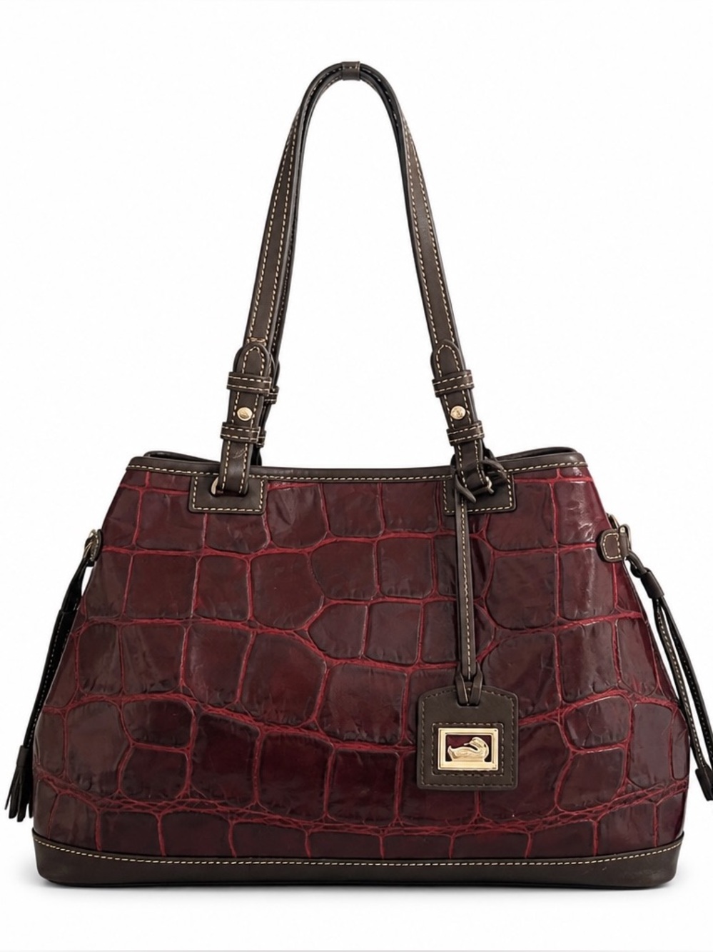 Dooney & Bourke Burgundy Croc Embossed Leather Large Tassel Shoulder Tote - Picture 3 of 15